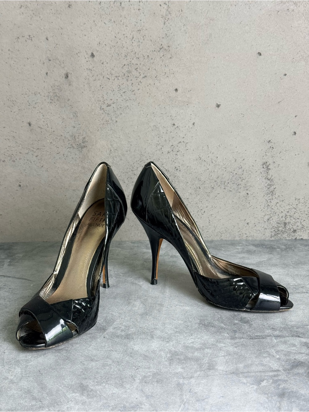 Saks Fifth Avenue Black Patent Peep-Toe Stiletto Heels